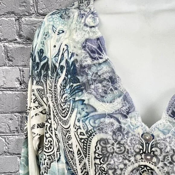One World Womens V-Neck Lace Trim Tunic Top PXL Blue & Cream Paisley - Picture 6 of 10